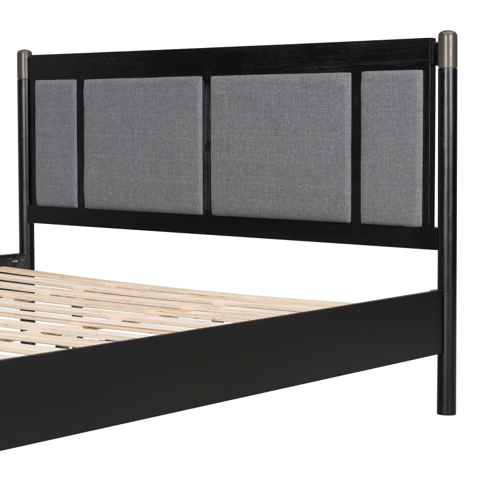 Solid Wood King Bed Frame w/ Upholstered Headboard, 600lb Support, Black