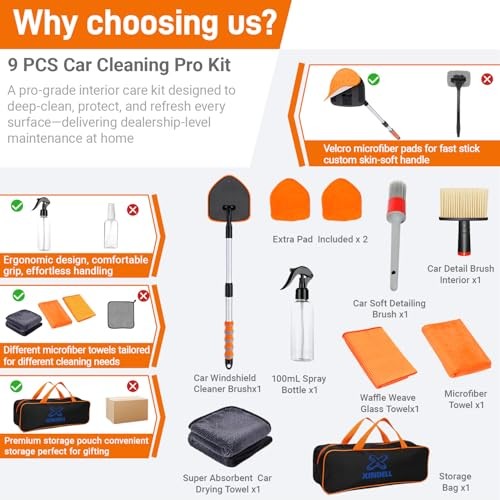 XINDELL Windshield Cleaner Tool, Extendable Car Window Cleaning Kit with 360°