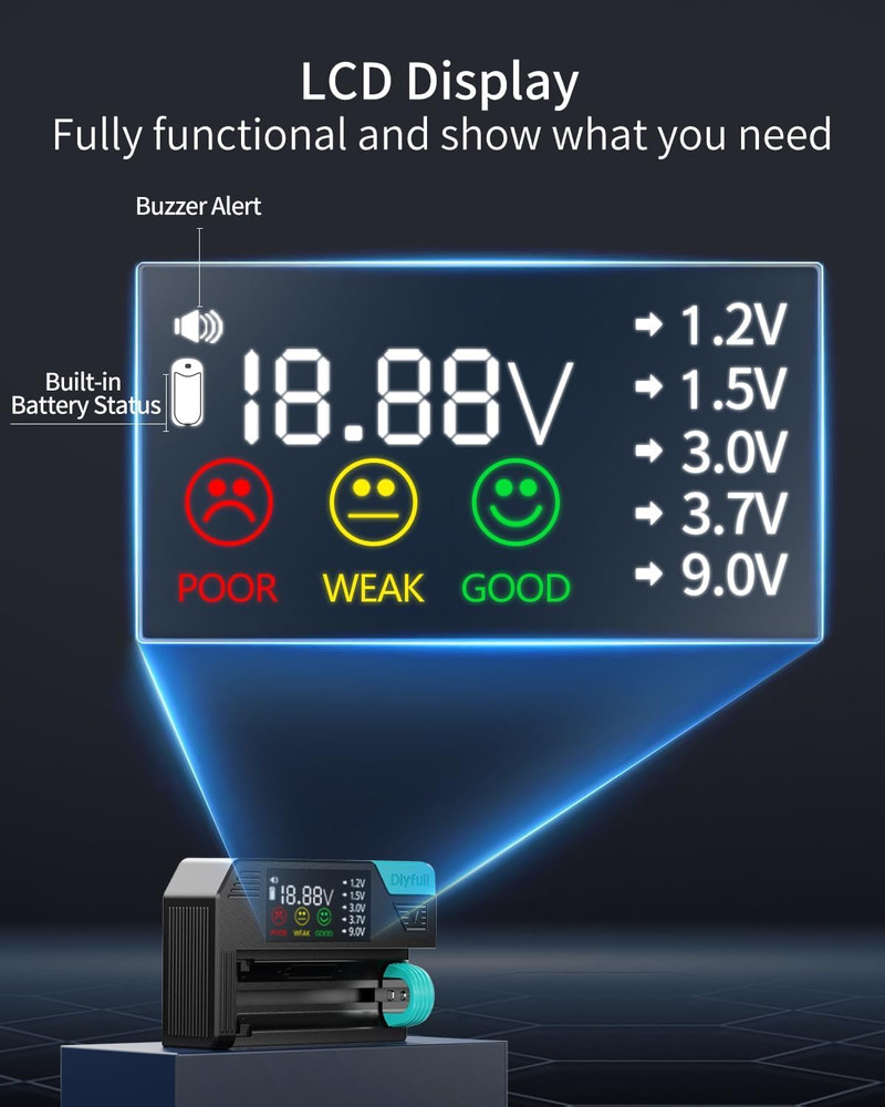 Dlyfull Universal Battery Tester with LCD for Multiple Battery Types, Cable Incl