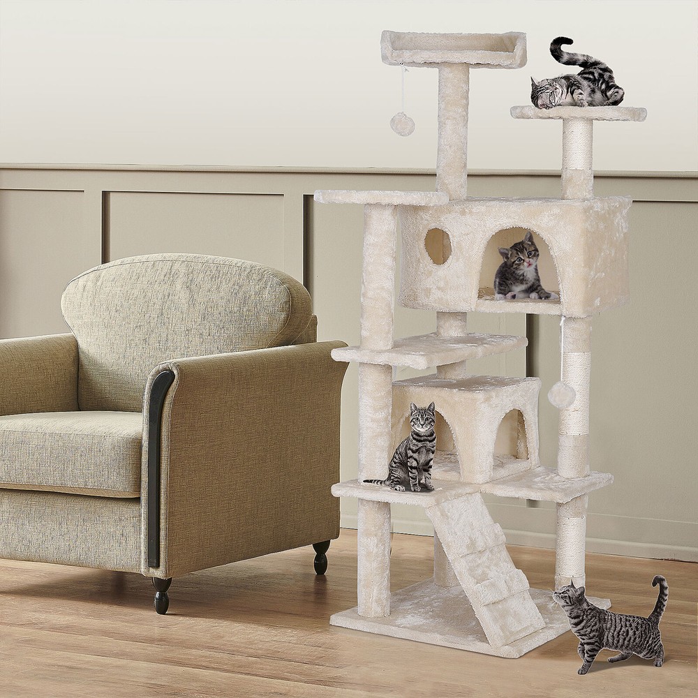 55'' Multi-Level Cat Condo Tower Kitty Cat Tree with Scratching Post Beige