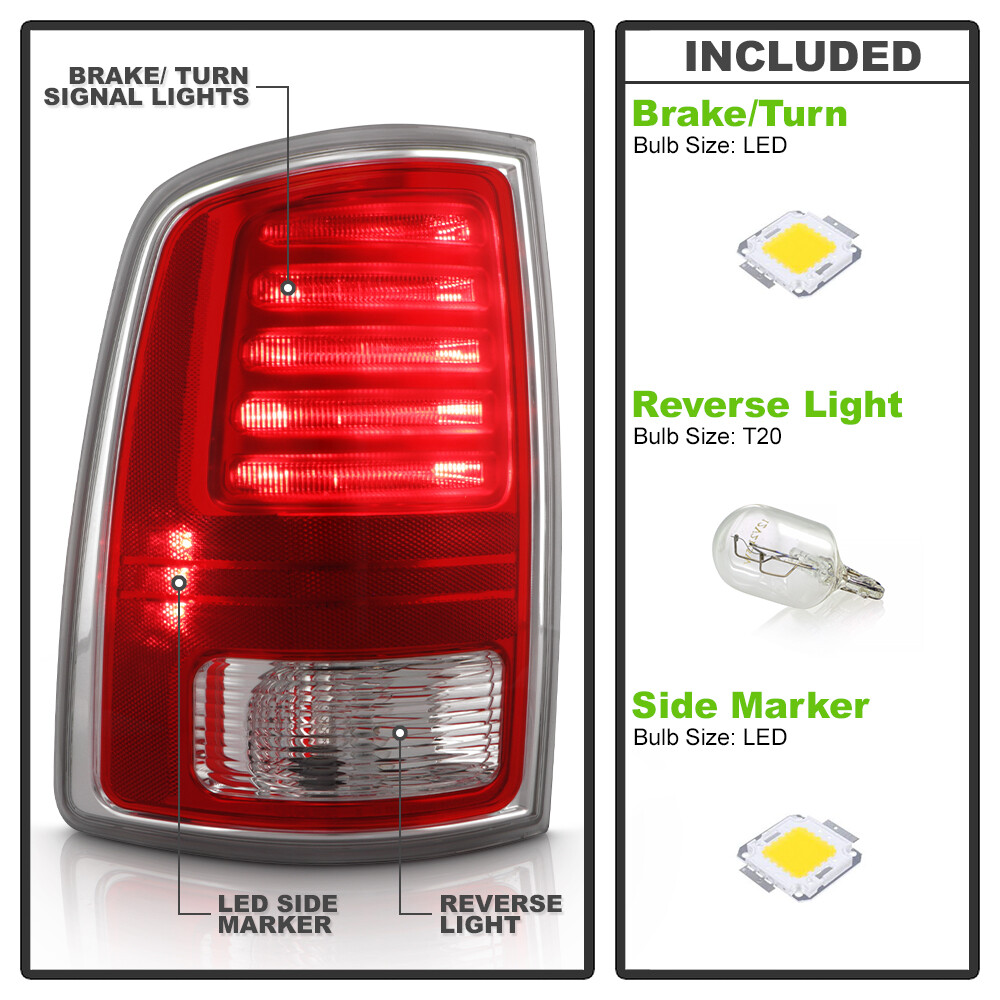 Replacement 2013-2018 Dodge RAM 1500 2500 3500 Chrome/Red LED Tail Lights LH+RH
