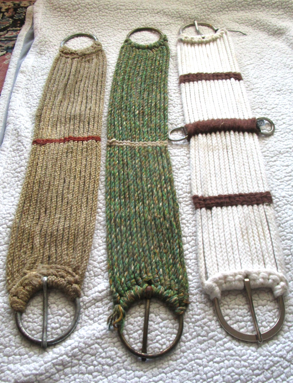 3 WESTERN  ROPE CINCHES WHITE, GREEN AND BROWN 29 29 27.5''
