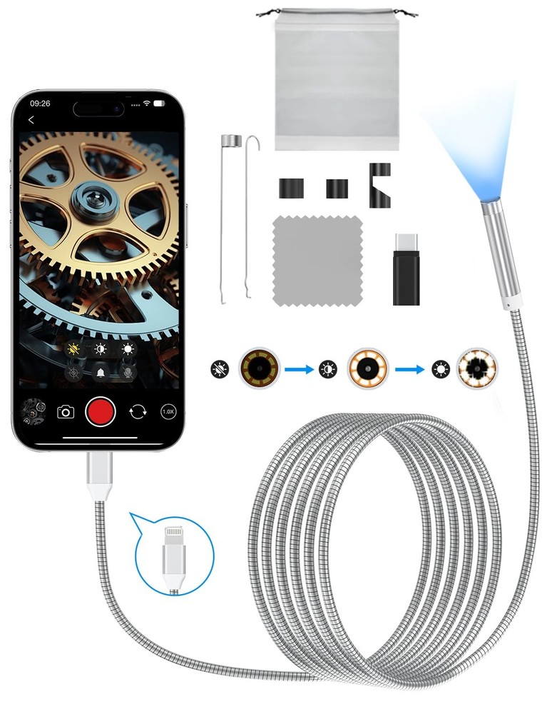 Endoscope Camera with Light, 1920P HD Borescope Camera with 8 Adjustable LED ...
