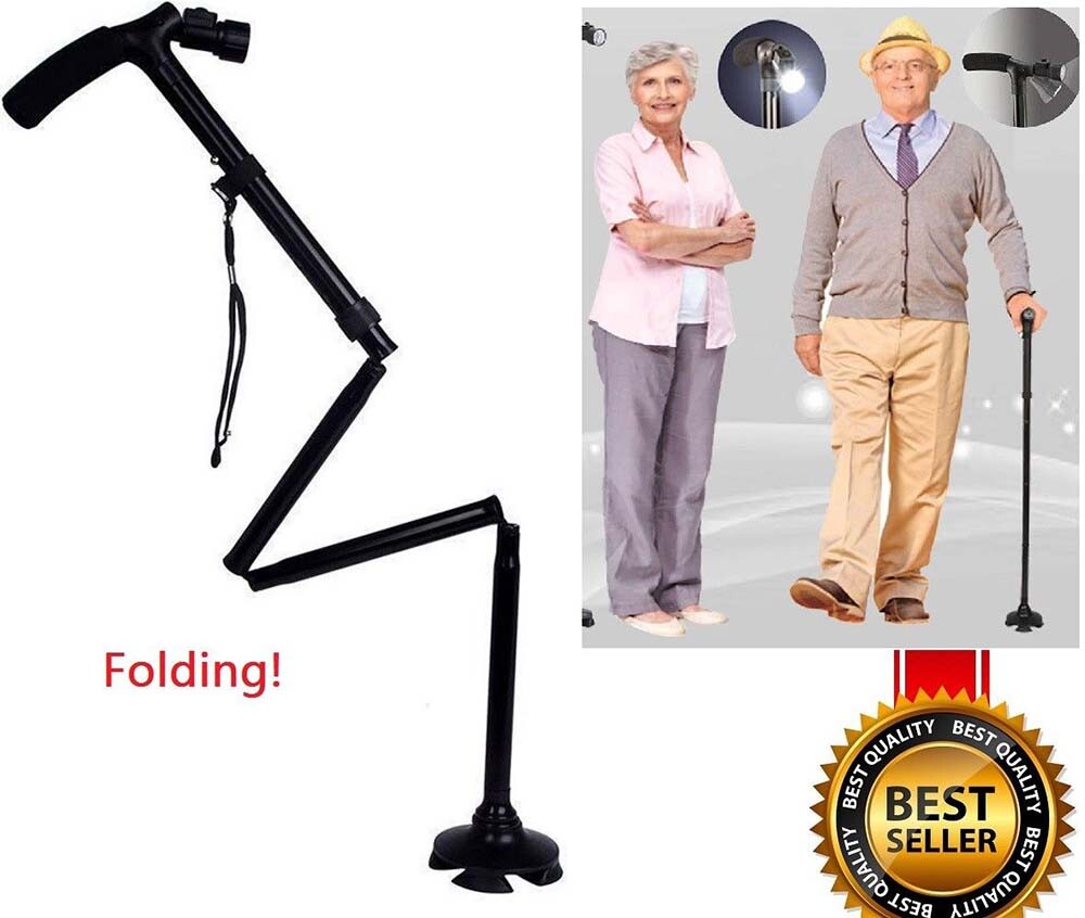 Folding LED Walking Stick Cane All-Terrain Pivoting Base Adjustable Black