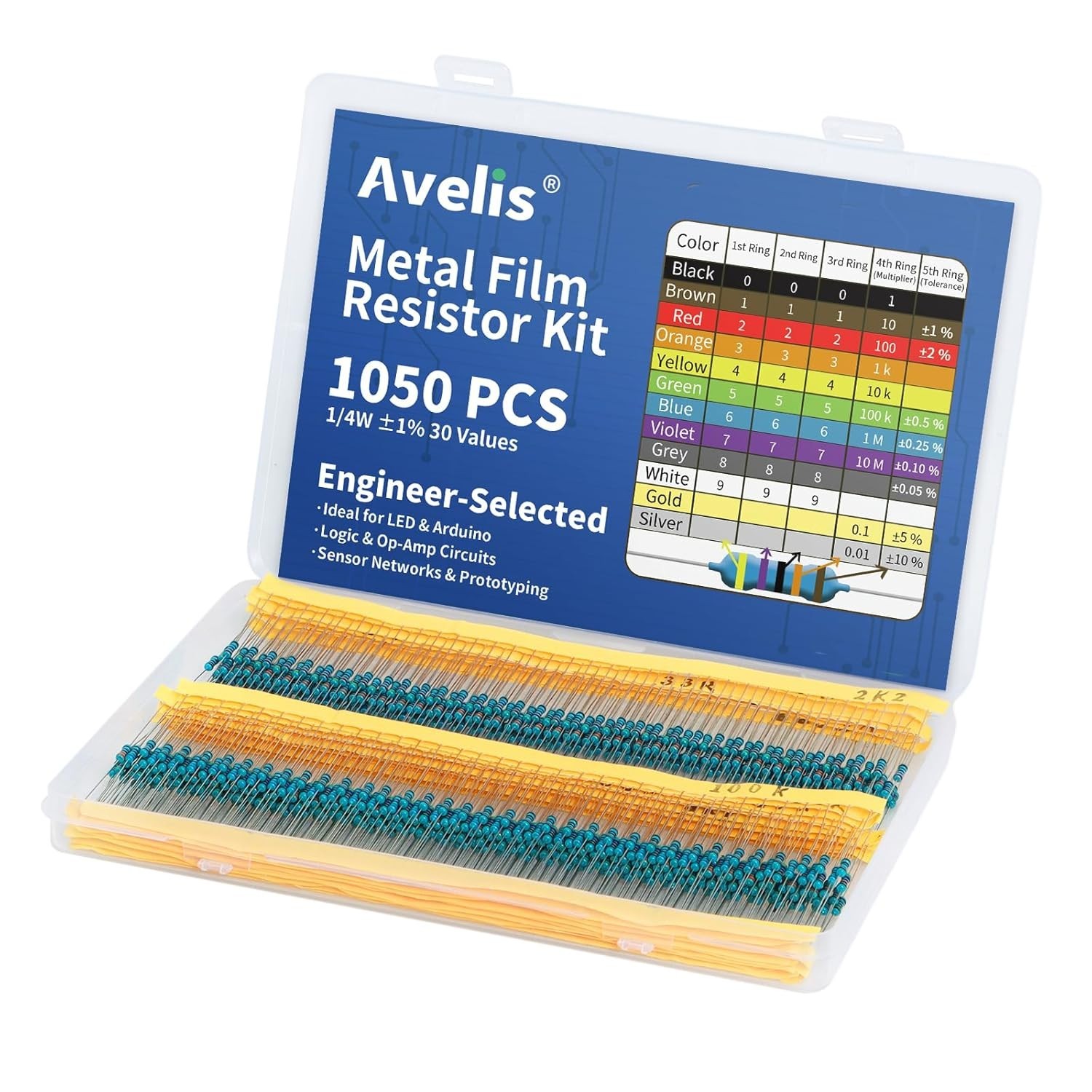1050 Pcs 30 Values Resistor Kit 1/4 W +-1% Metal Film Fixed Resistors Assortment