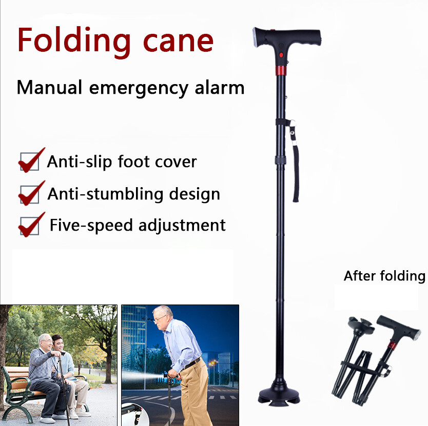 Folding Adjustable Walking Stick Cane with LED Torch & Alarm button Strap Handle