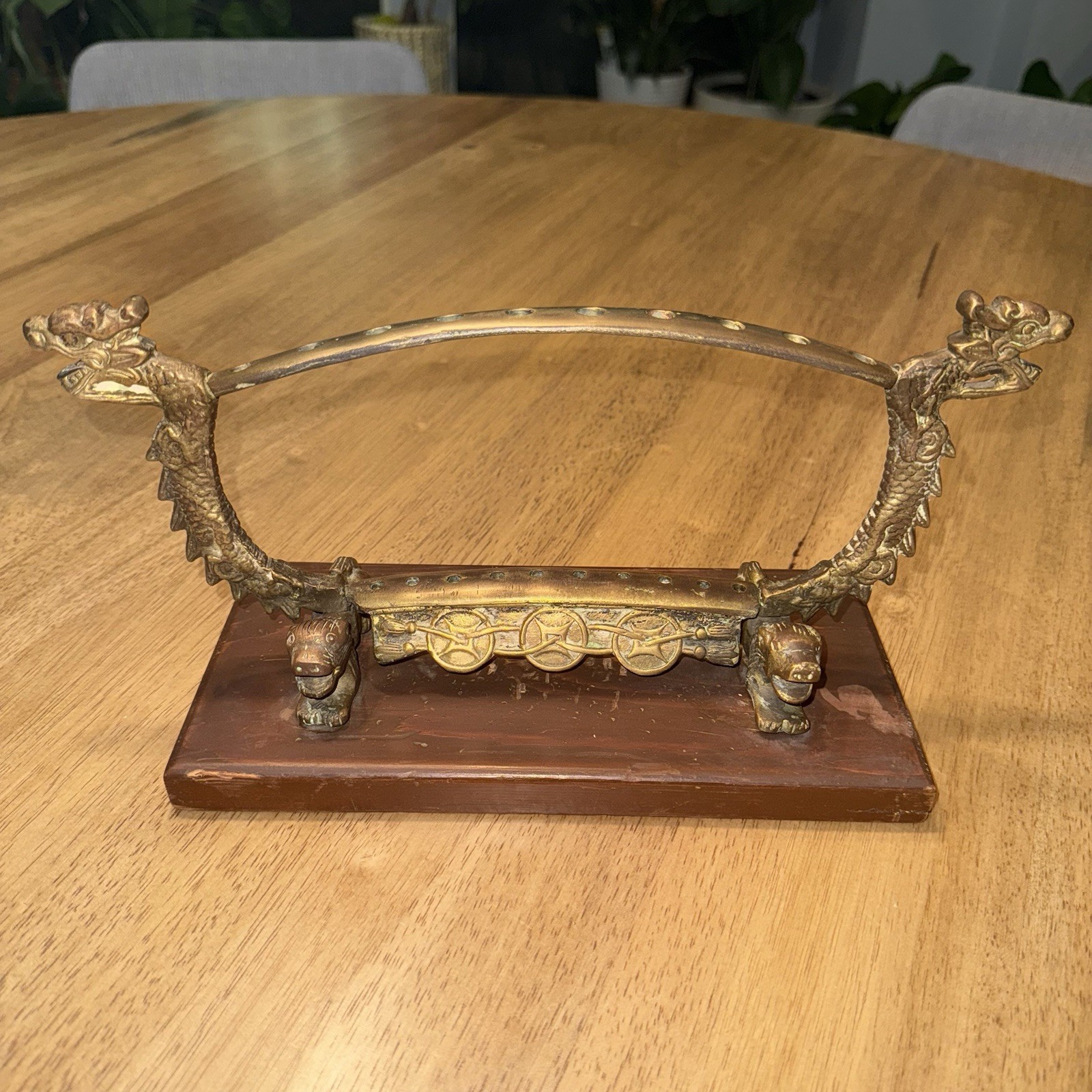 Vtg Chinese Metal Dragon Incense Burner Stand Wood Base Ornate Mythical Motif