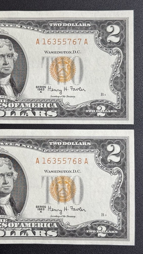 🔥Brown/Orange Seal (2 Consecutive) 1963 $2 Bill UNCIRCULATED🔥