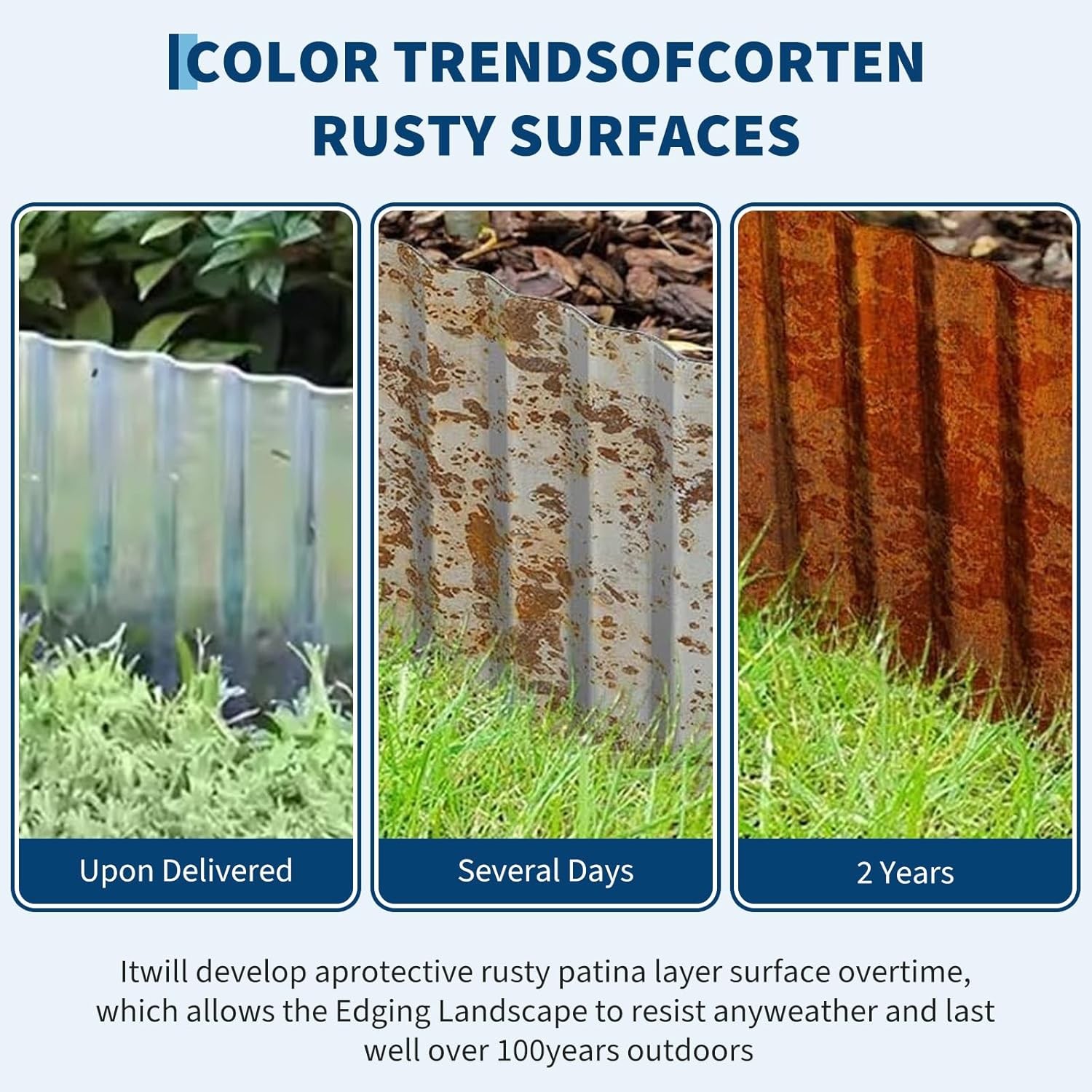 Corrugated Metal Garden Edging, Rusted Landscape Border for DIY Flower Bed Lawn