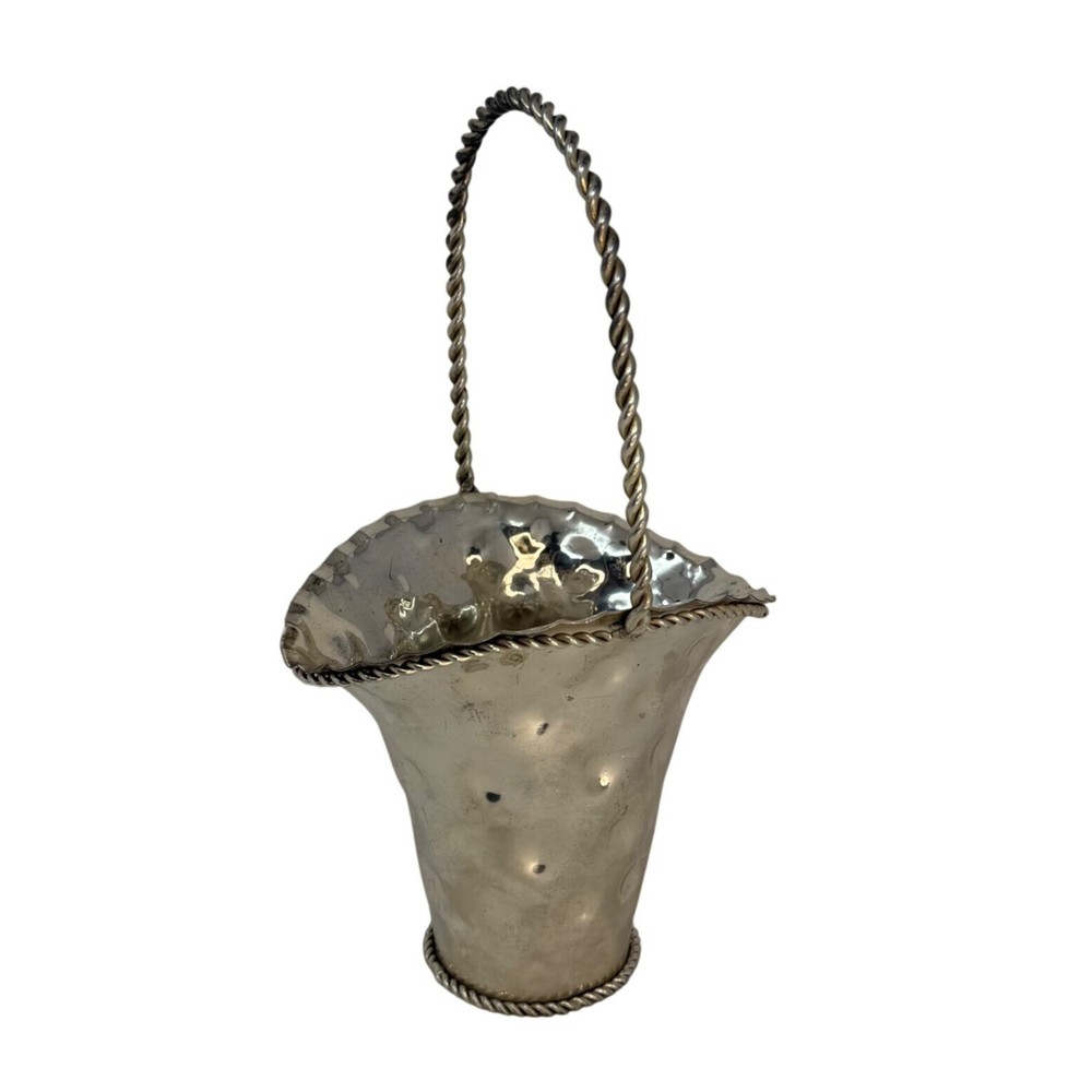 Vintage Silver Silver-plated Flower Basket Dimpled Vase India Twisted Handle