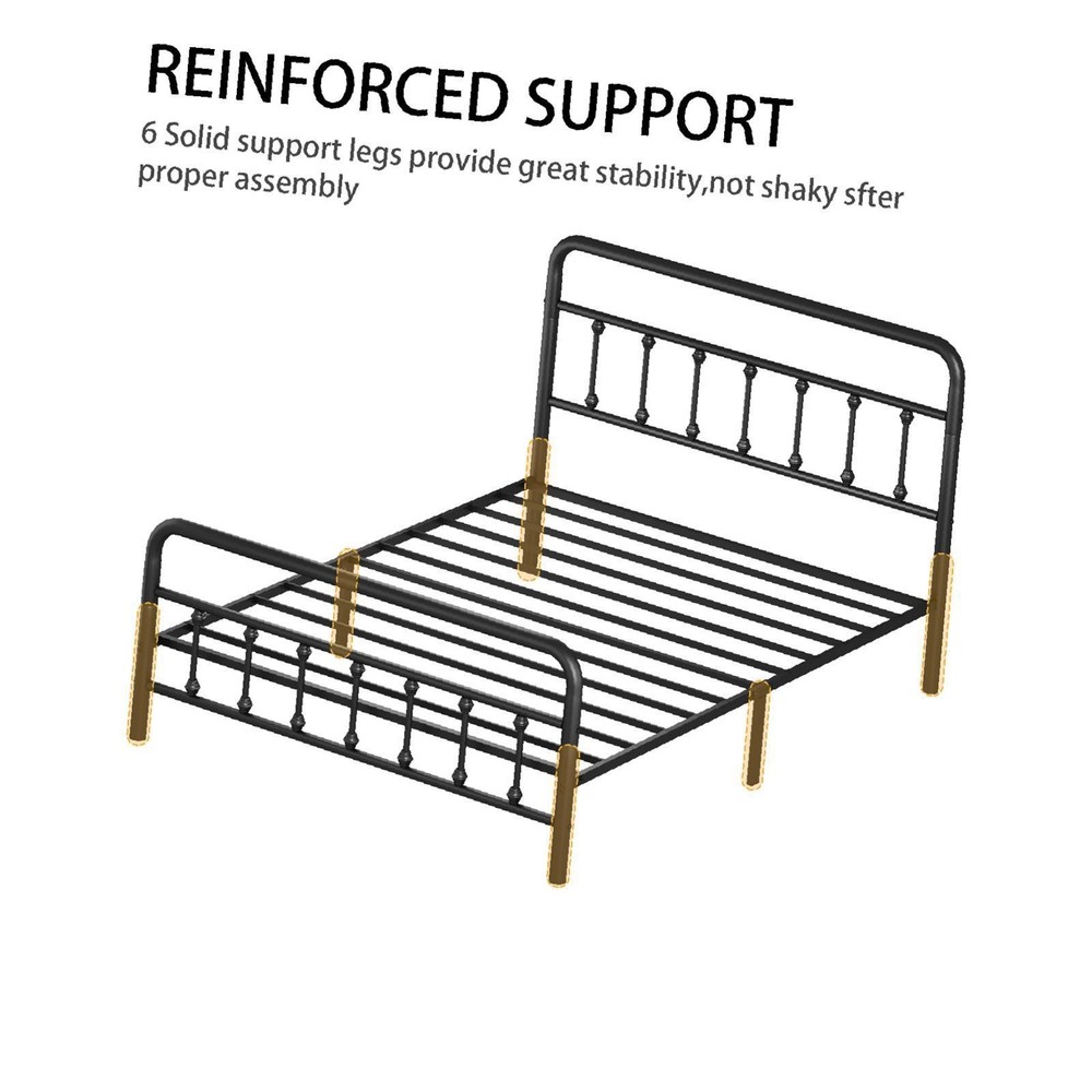 Black Metal Queen Bed Frame with High Headboard, Support, Ample Storage Space,