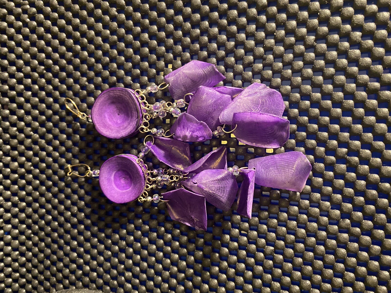 Artisan Purple Scales Leaf Shape On Round Sea Life Discs Dangle Beaded Earrings