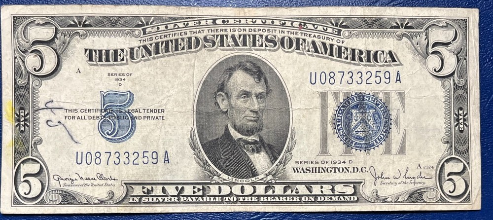 1934 D Five Dollar Silver Certificate $5 Better Grade #77742