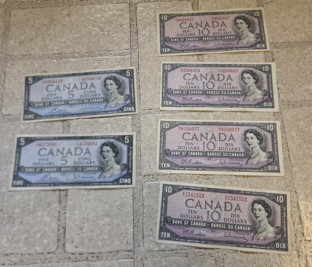 Canada 1954 Banknotes  $50 Face Value- Circulated ($5 & $10 notes)