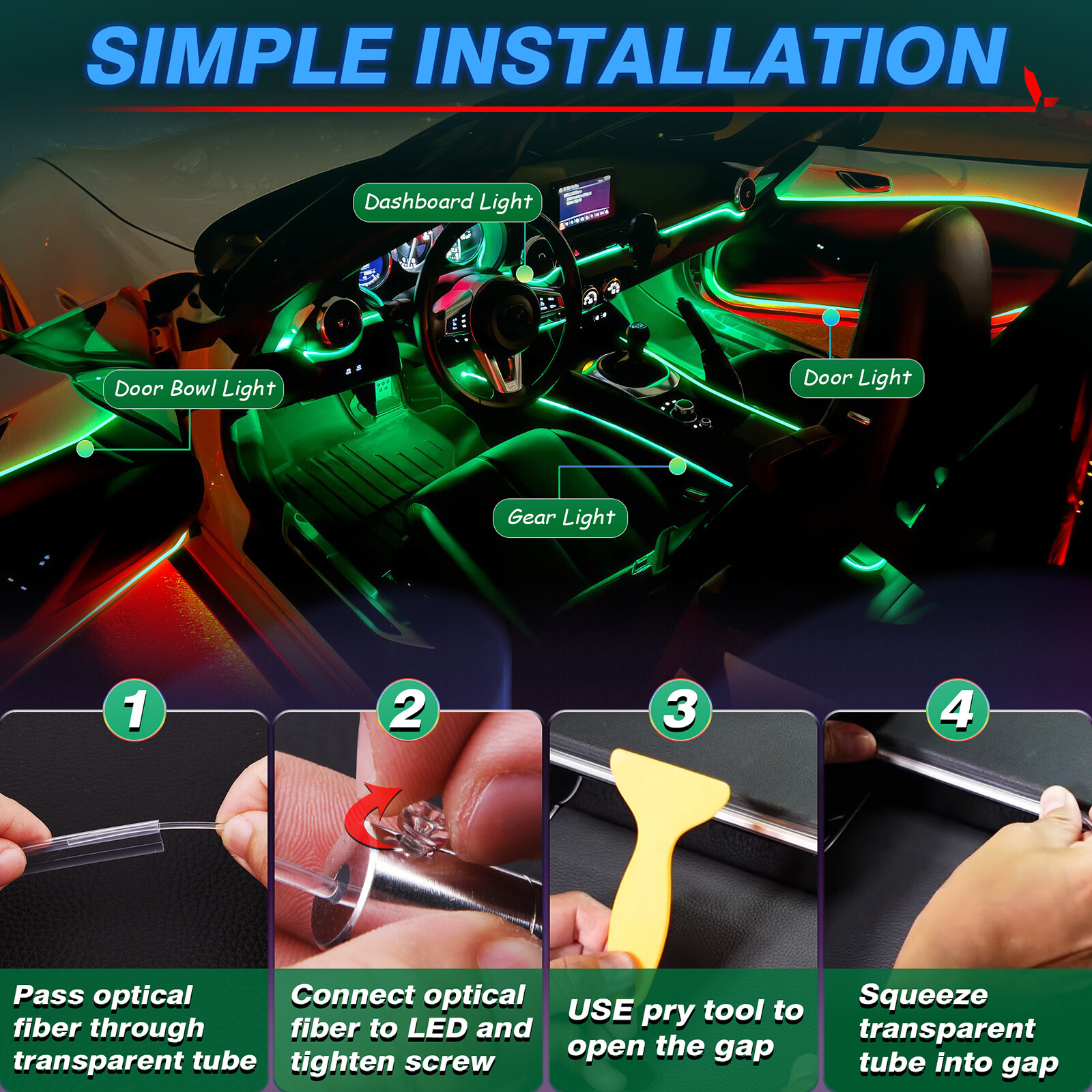 10M RGB 8 LED Car Interior Ambient Guide Light Strip Decor Atmosphere Door Light