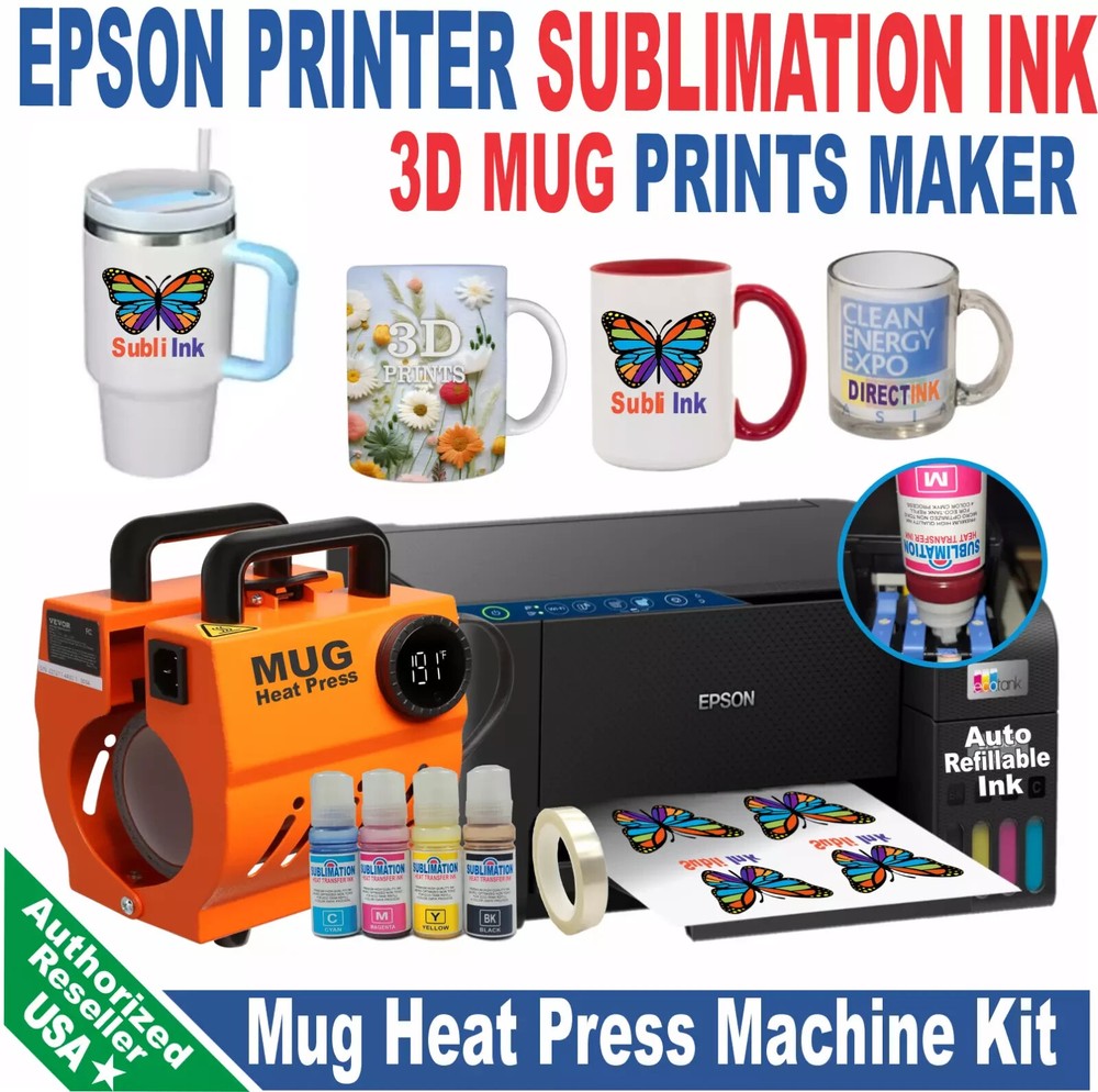 Epson Printer with Sublimation ink Print 3D Mug Heat Press Machine Start Bundle