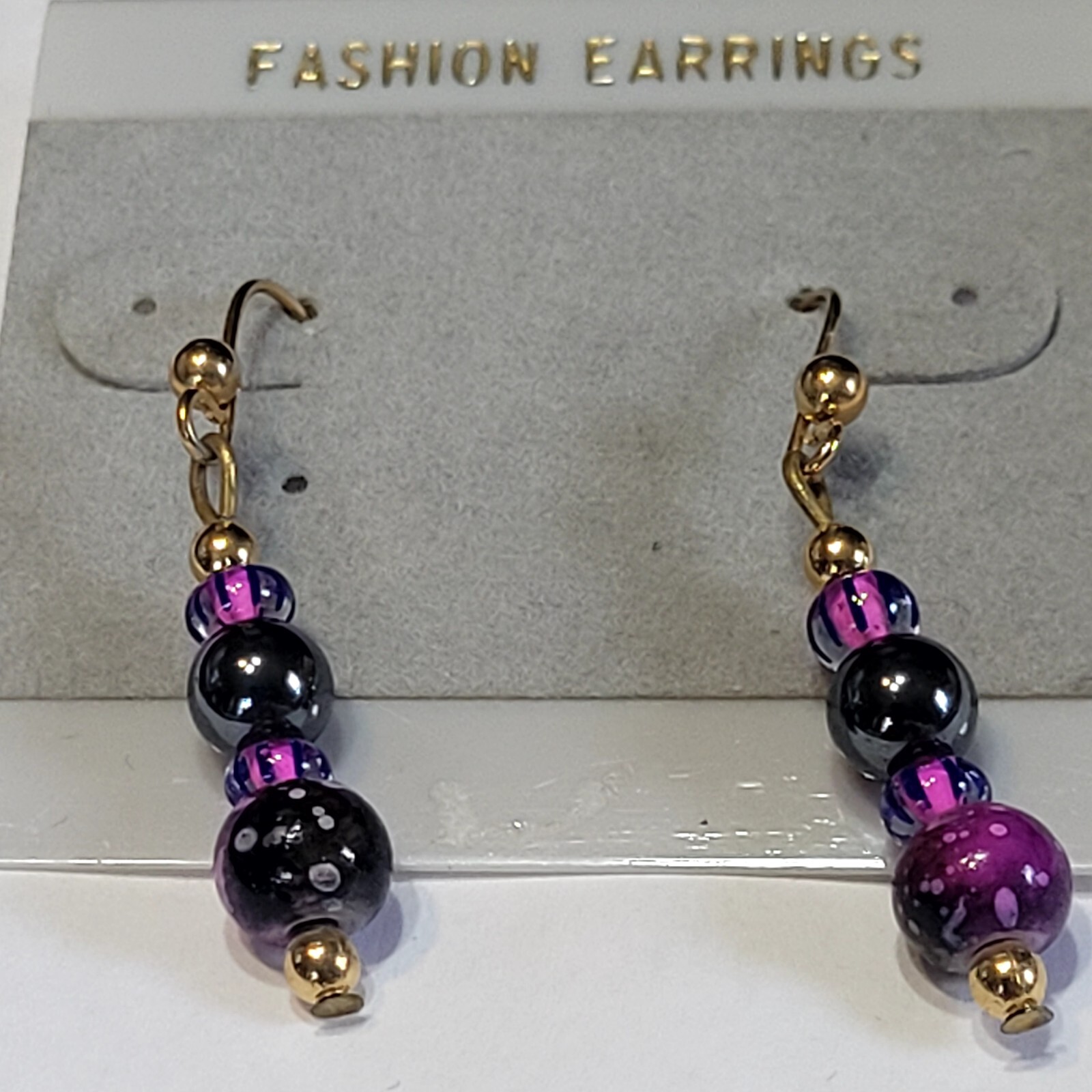 Goldtone Purple, Black, And Gold Beaded Pierced Hook Earrings