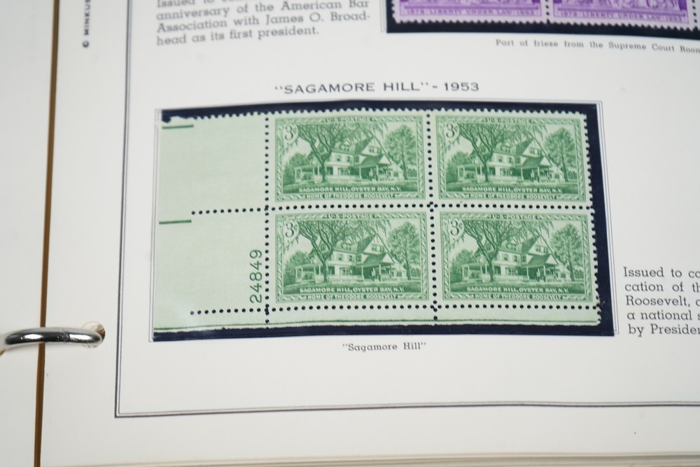 US 1950s-1960s COLLECTION OF 240 MINT PLATE BLOCKS STORED IN MINKUS ALBUM