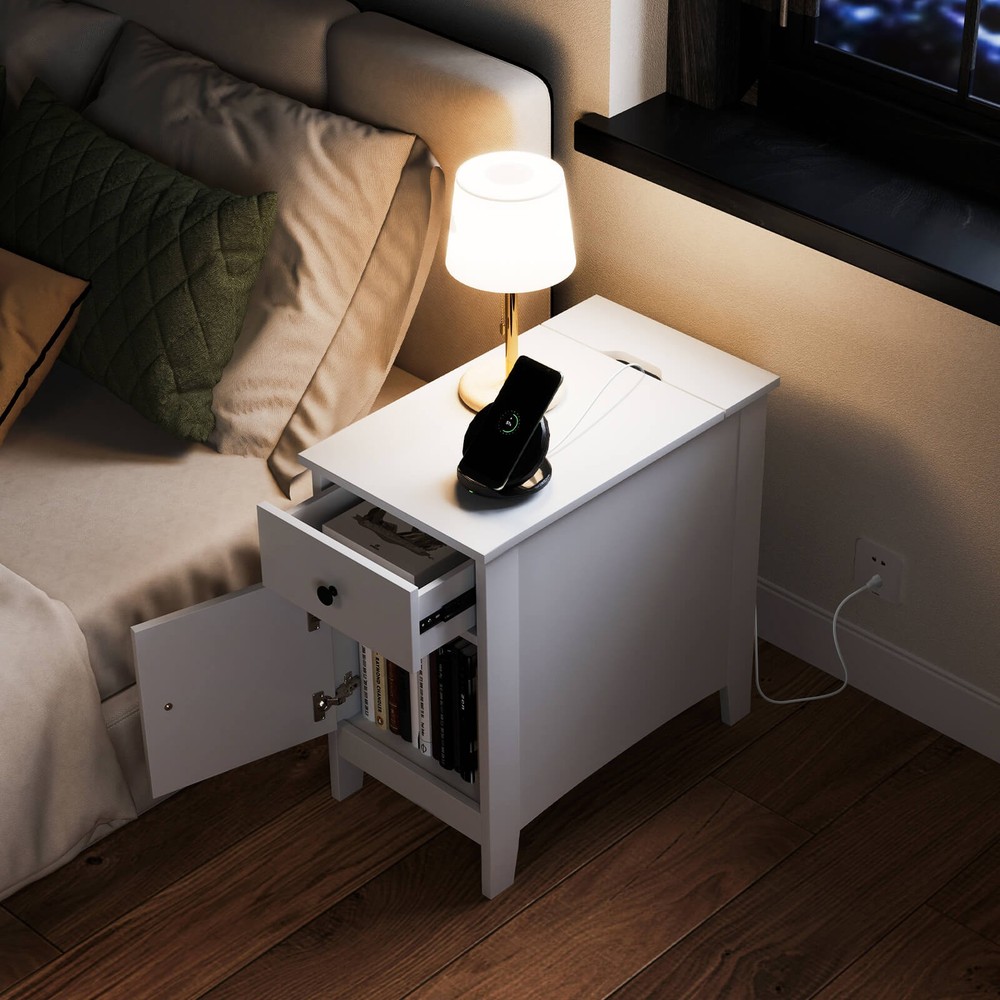 End Table with Charging Station Flip Top Bedside Table with USB Ports & Outlets