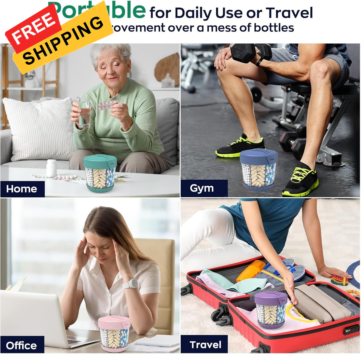 Large Pill Dispenser with 7 Compartments, Portable Bottle Black