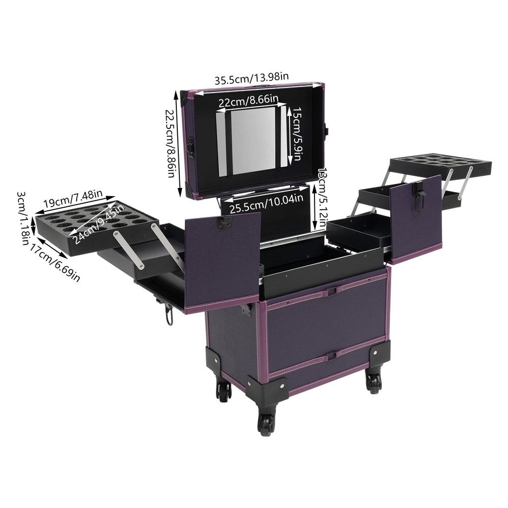Makeup Train Case Professional Rolling Cosmetic Case with Mirror Travel Trolley