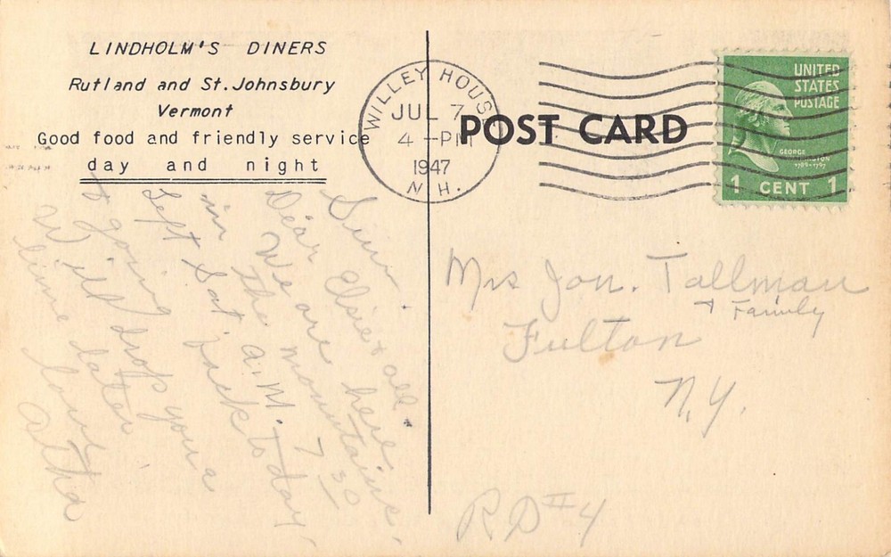 1947 Postmark On "Lindholm's Diners" Rutland & St. Johnsbury, Vt Postcard
