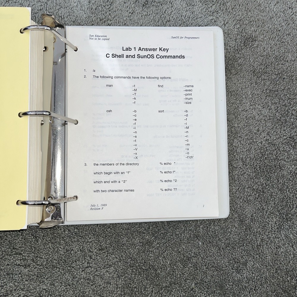 VTG 1989 SUN Microsystems SunOS Education Course For Programmers, Student Guide