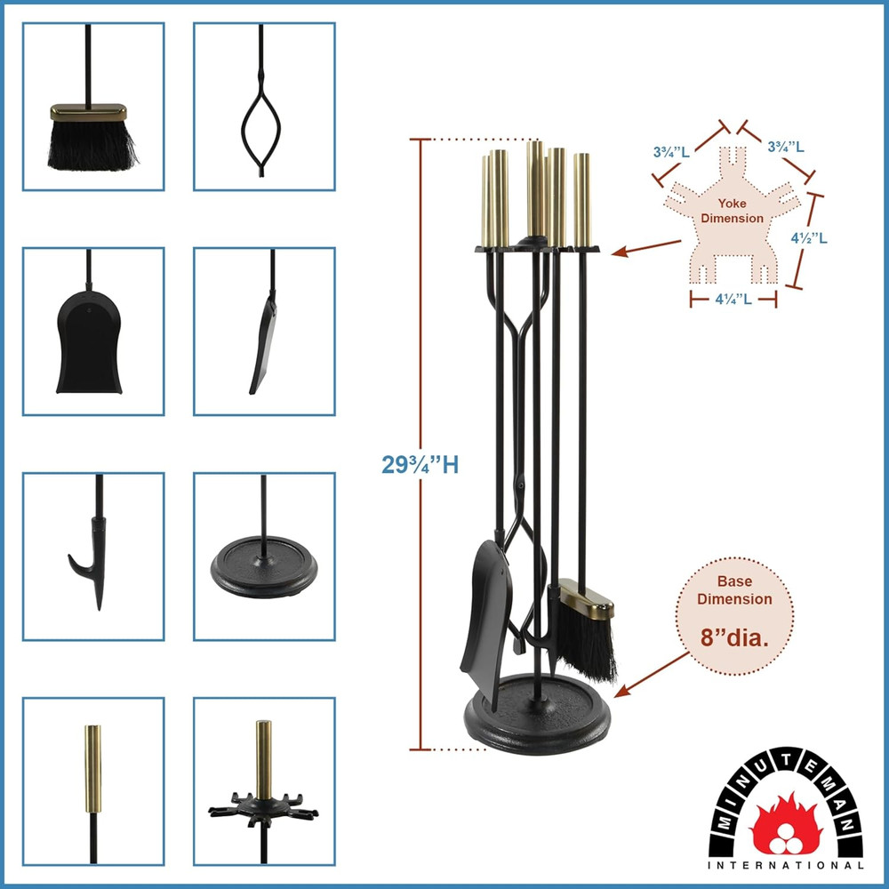Neoclassic Fireplace Tool Set, Antique Brass and Black