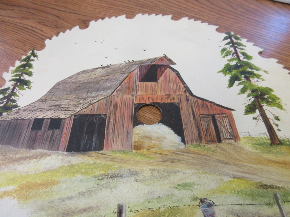 Vintage Hand-painted Signed Saw Blade ~ Rustic Barn ~ 9" round
