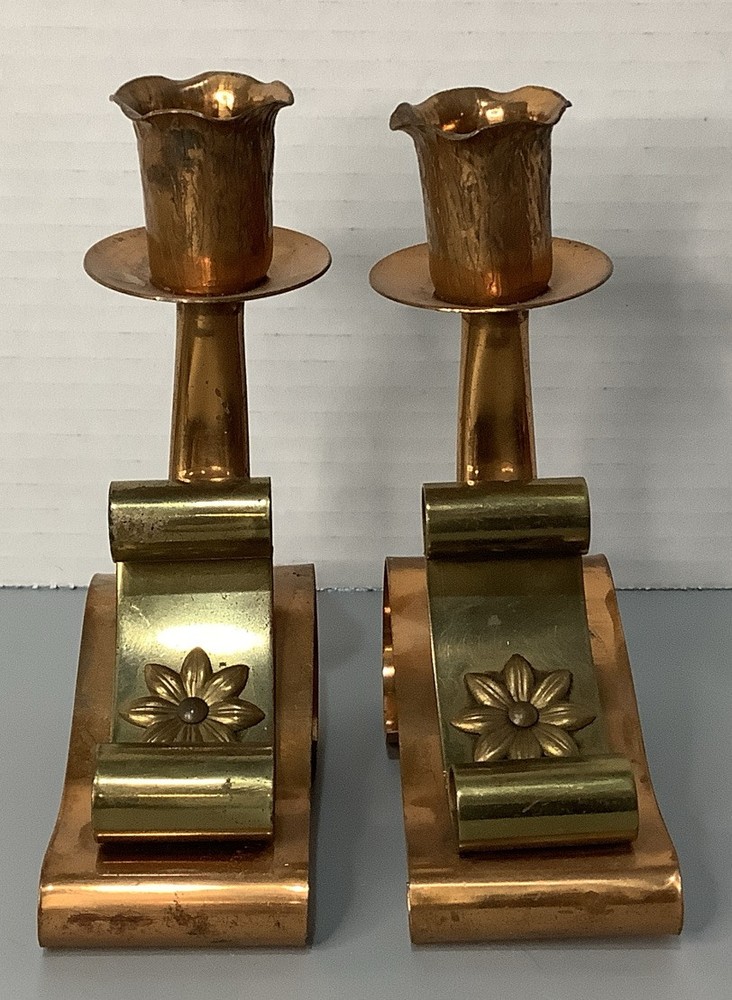 Copper Candlesticks Holders Solid With Brass Flowers Vintage