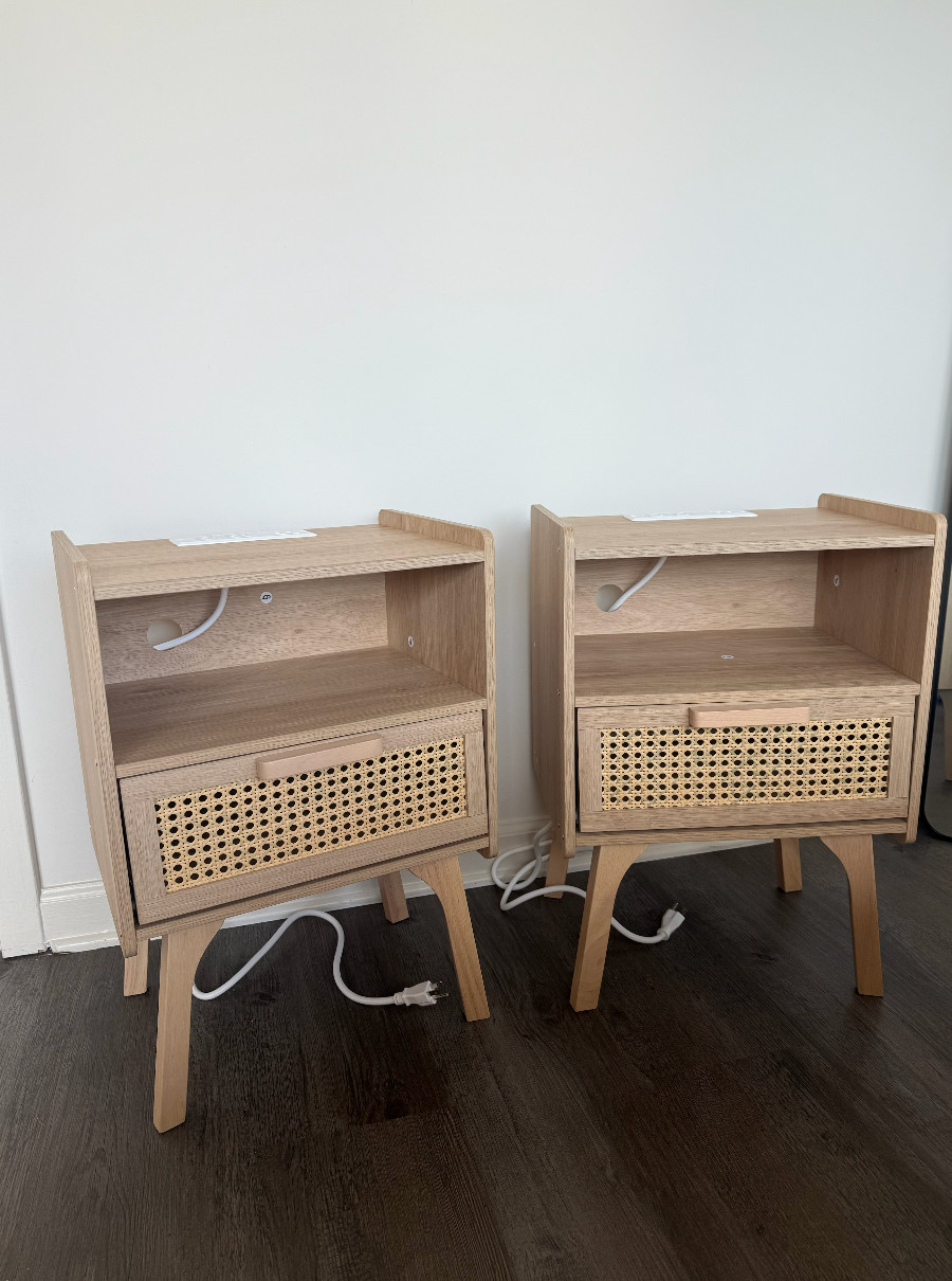 Set of 2 Brand New Night Stands Beige Wood Color Drawer Storage Powered Outlets!