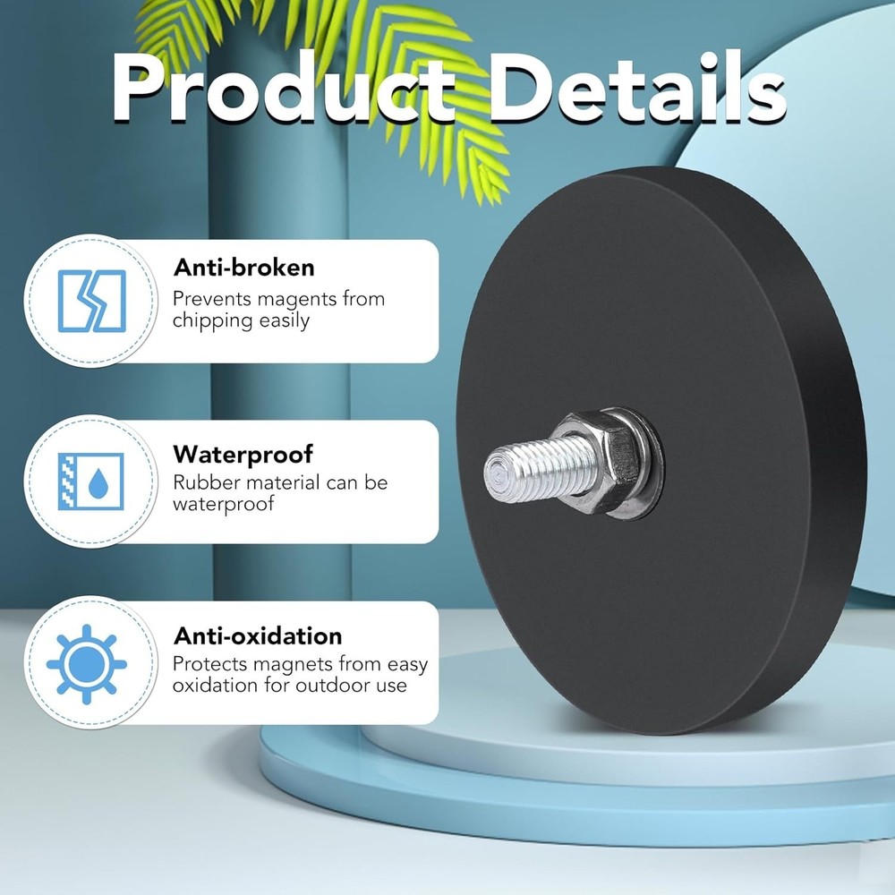 Rubber Coated Magnets, 2.6 Inch, 65LBS Pull Force, M6 Studs
