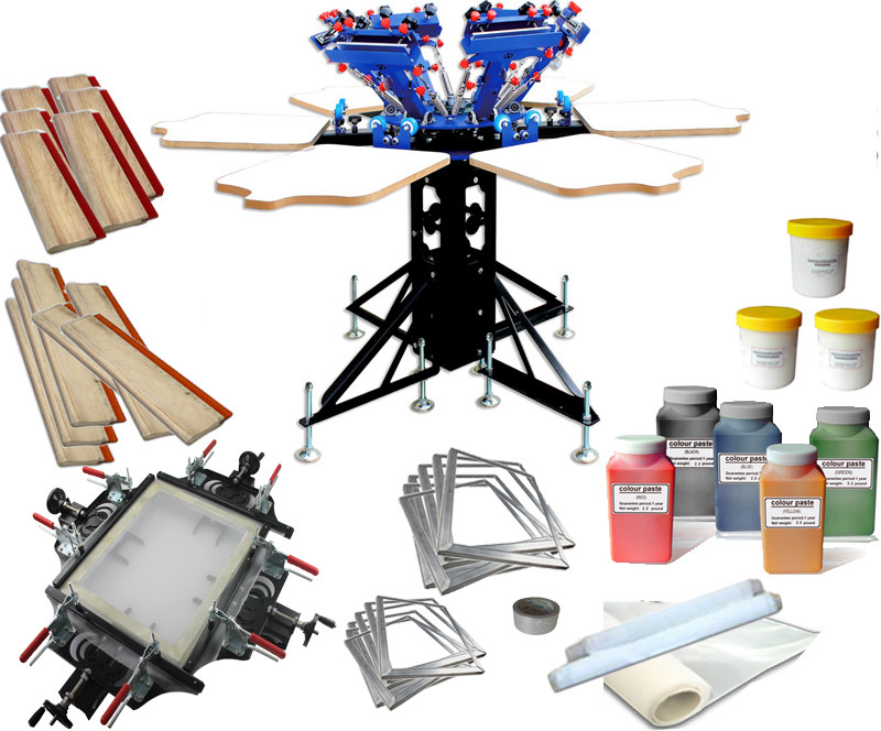 6 Color 6 Station Screen Printing Kit with Screen Frame Stretcher Press Squeegee