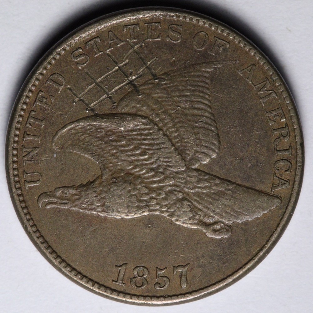 1857 Flying Eagle Cent Penny XF detail E109 YRNB