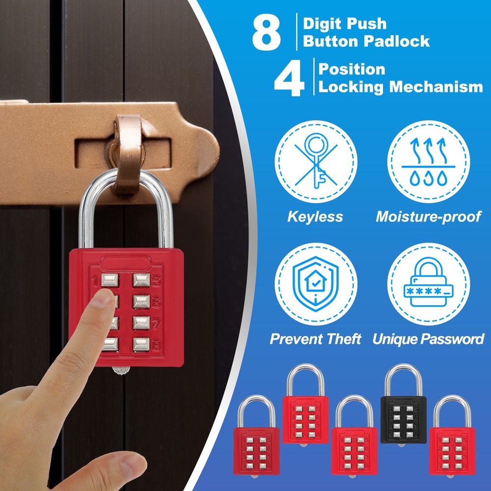 3Pcs Push Button Combination Padlock 8-Digit 4-Position Lock Red