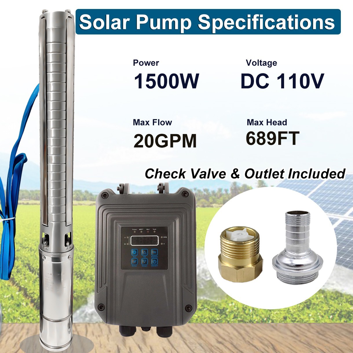 2HP 4" DC 110V Solar Pump Submersible Pump Bore Deep Well Pump+MPPT Controller