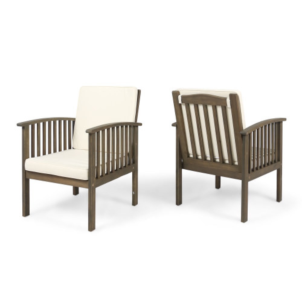 Acacia Wood Outdoor Club Chair Set w/ Side Table, Cream & Gray Cushions