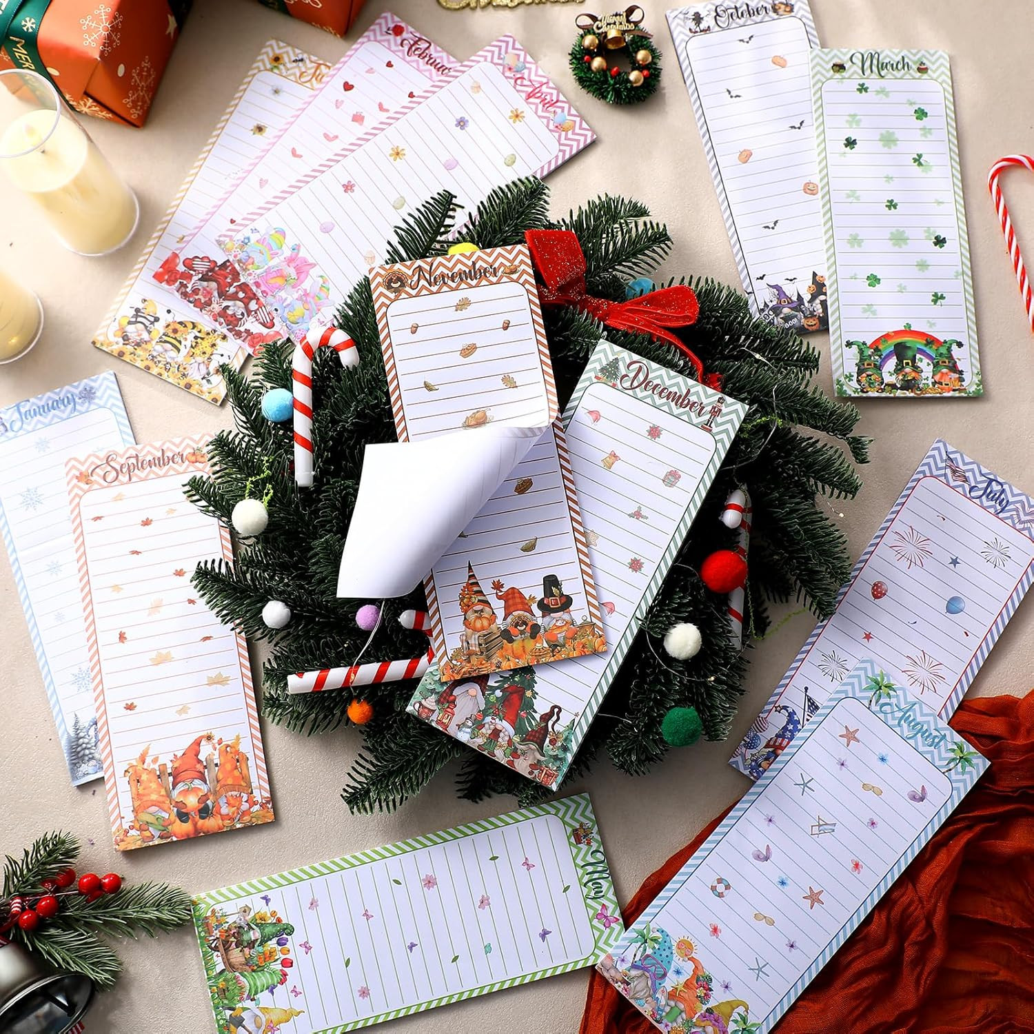 12 Pcs Seasonal Holiday Magnetic Notepads for Refrigerator Gnome Monthly Magneti