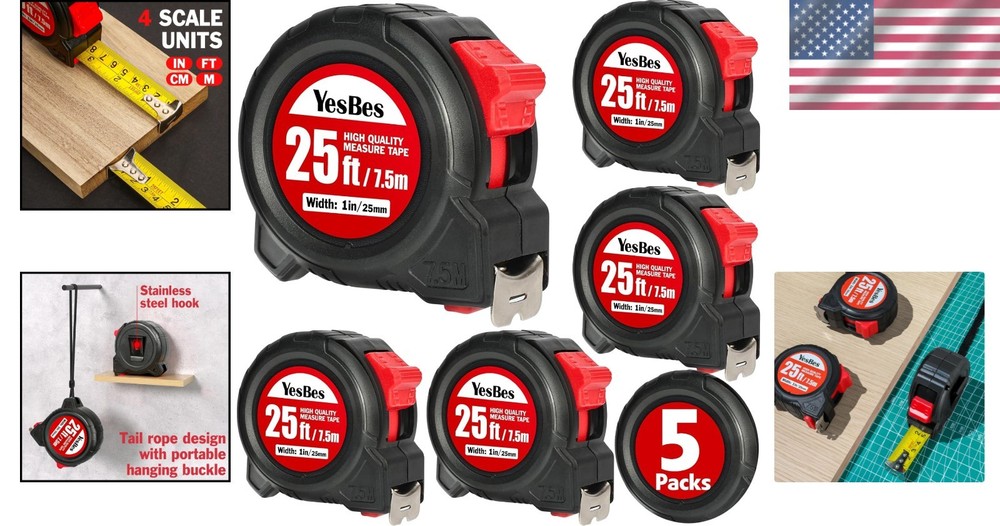 Measuring Tape 25 ft Bulk Pack Easy Read Retractable Self-Lock 5 Pack