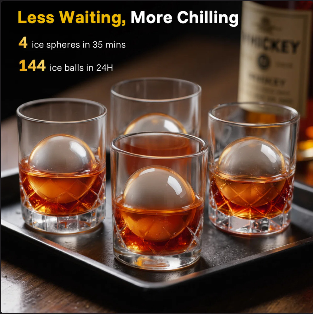 Sphere Ice Ball Maker Machine - Self-Cleaning 144 Pcs/24h - Black