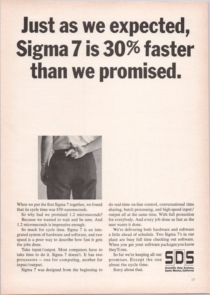 SDS Sigma 7 Vintage 1966 Print Ad Scientific Data Systems Computer Tech