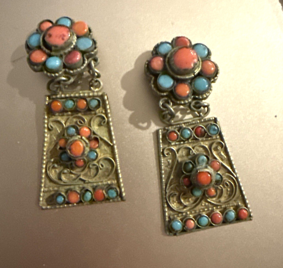 Coral & Turquoise Nepal Brass Tibetan Jewelry 3 piece Set ANTIQUE