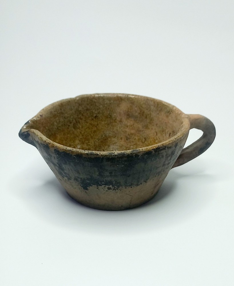 Antique clay cup with handle and spout - Handmade ceramic tableware.