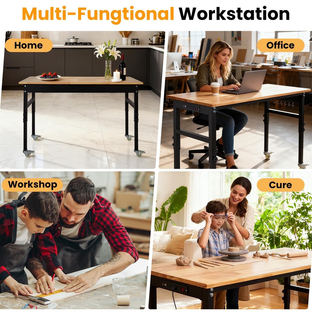 Adjustable Height Workbench 70" Wood Work Bench Table 2000 Lbs with Power Outlet