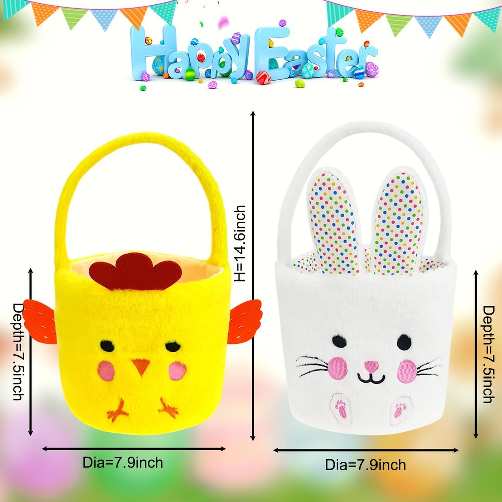 2 Pcs Easter Basket Bunny & Chick Plush Baskets Dia 8" * H 15.7", Easter Egg ...
