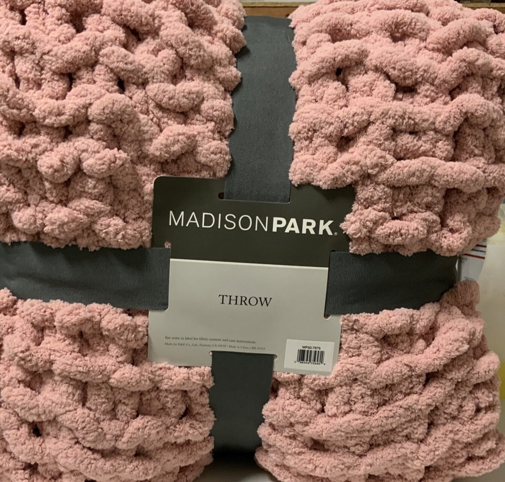 🧷 MADISON PARK Solid Chenille Chunky Knit Throw 60”x50” 🆕