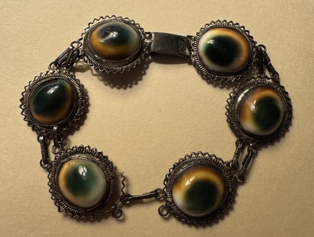 Victorian Era Operculum Shell Bracelet With Intricate Cannetille Scroll Work
