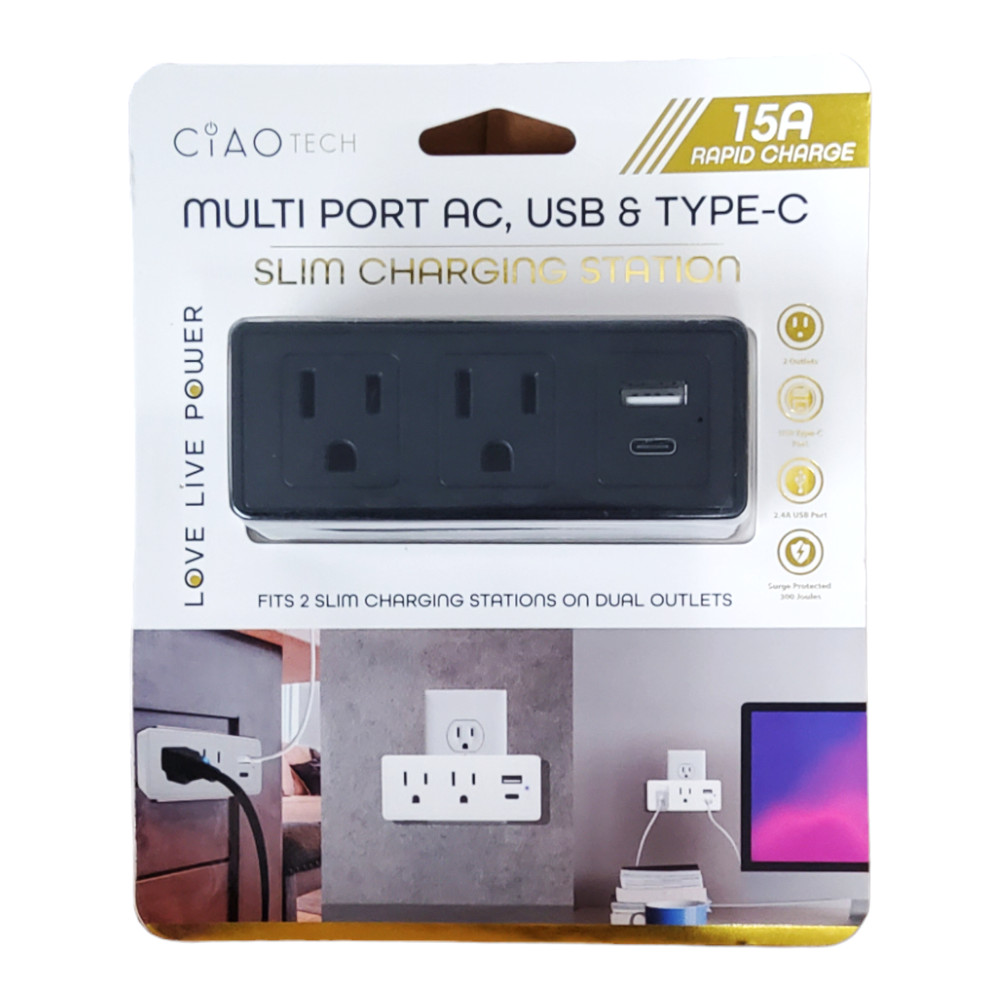 CIAO TECH Multi Port AC, USB & Type-C, 15A Rapid Charge Slim Charging Station