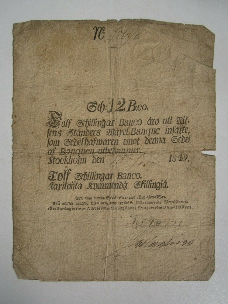 1849 SWEDEN 12 SCHILLINGAR BANCO