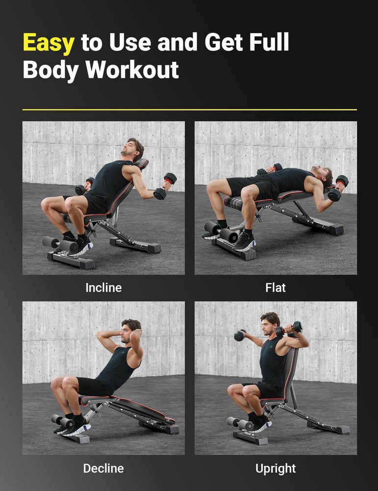 Adjustable Weight Bench, 827LB Foldable Workout Bench with Extended Head/Neck...